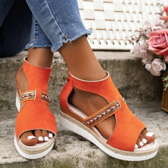 New Arrival Women's Casual Suede Rope Bottom Wedge Heel Orange Sandals - Picture 1 of 6
